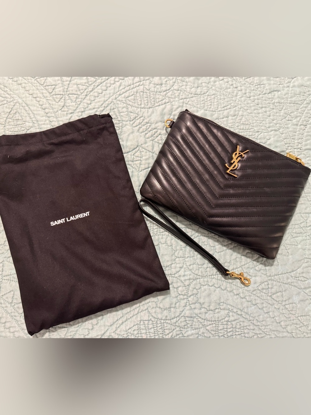 Saint Laurent Black Quilted Leather Wristlet with Gold YSL Accent